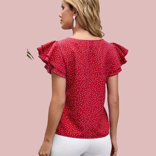 Blusa roja y blanca con volantes en la manga corta - Modelo Lunare