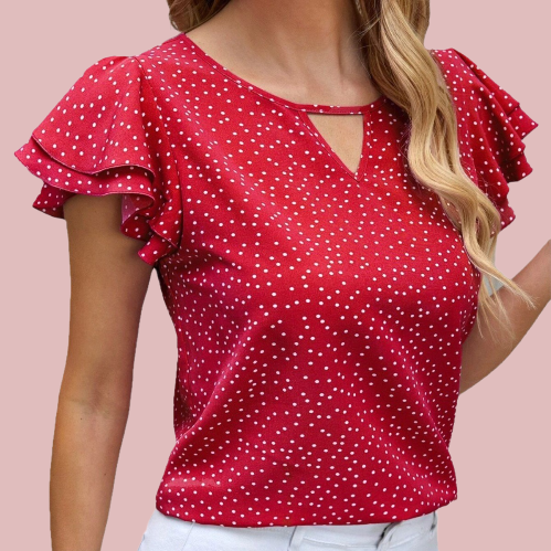Blusa roja y blanca con volantes en la manga corta - Modelo Lunare