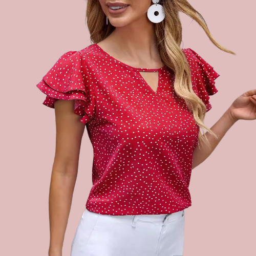 Blusa roja y blanca con volantes en la manga corta - Modelo Lunare