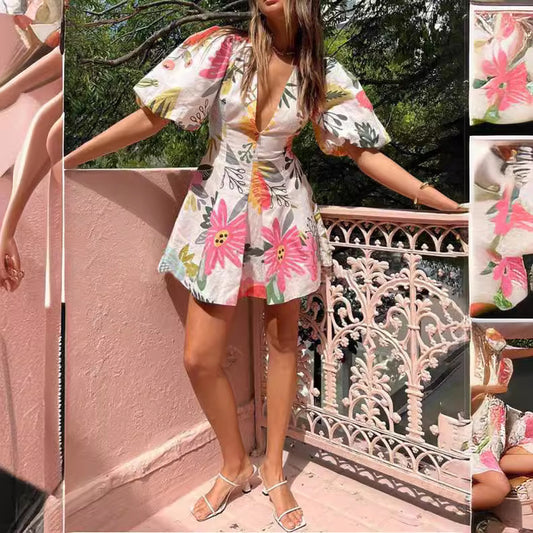 Vestido corto con manga abullonada - Modelo Flor