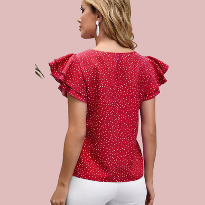 Blusa roja y blanca con volantes en la manga corta - Modelo Lunare